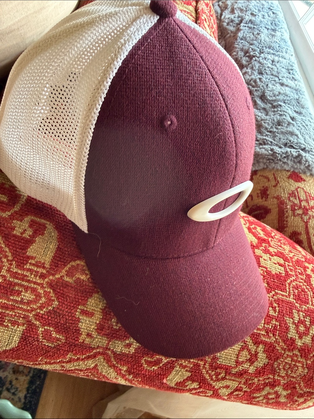 Oakley Maroon and White Trucker Hat with Oval Accent